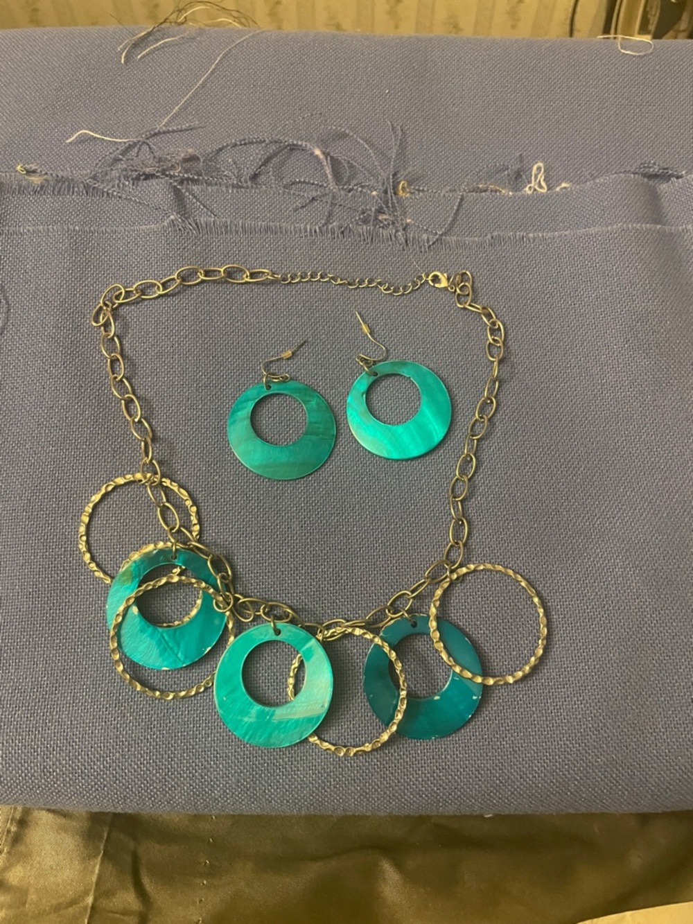 Gold Chain Necklace & Earrings Set with Teal Shell Discs - Women Jewelry